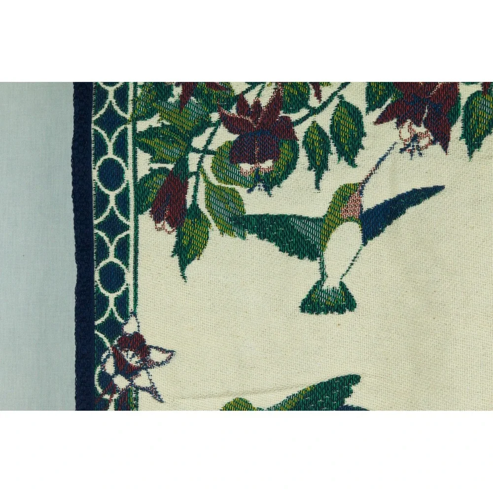 Vintage Woven Hummingbird Tapestry Wall Hanging Floral Nature Decor Cream Blue